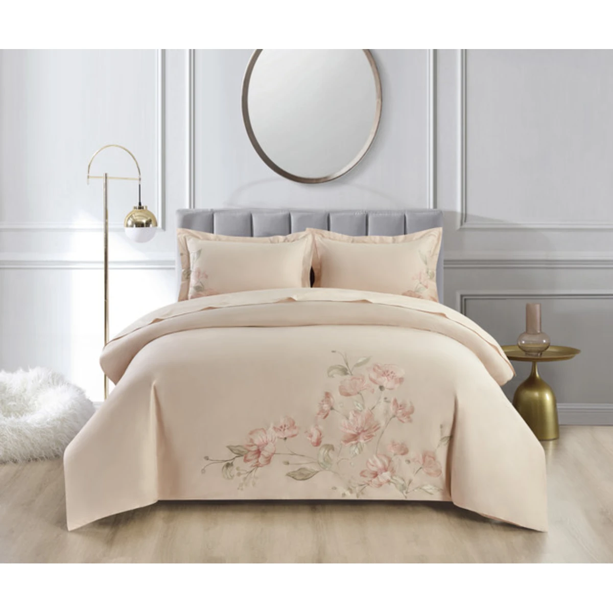 Manamo Snow Lotus Bed Linnen Set  Saten Embroidered Powder Double200x220 cm+240x260 cm+50x70 cm(2)