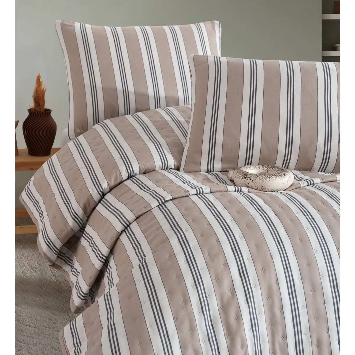 Manamo  Line Yarn Bed Cover Single Size  Beige 160x 230 cm